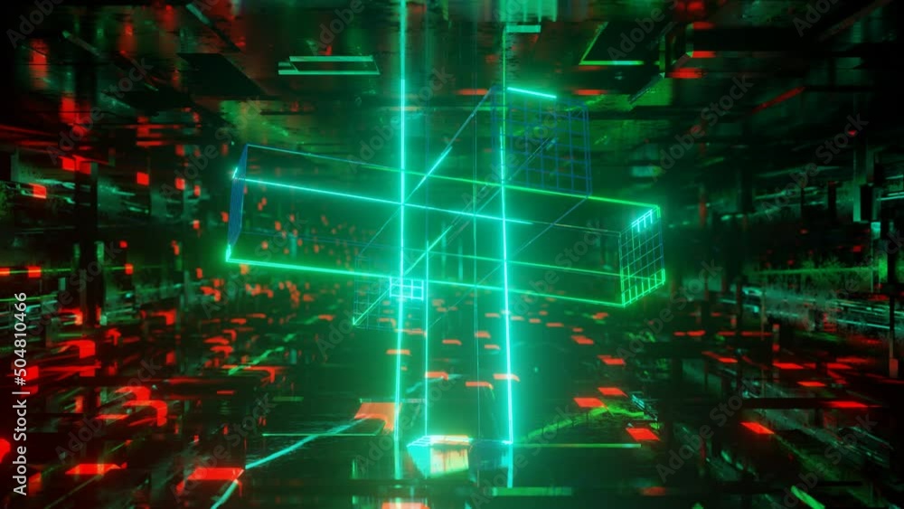 Poster 3d object or structure rotates and moves inside glass mirror tunnel with neon light, bright reflecti