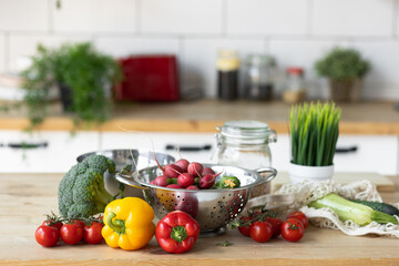 Fresh ripe organic ingredient for vegetarian salad, Low calories diet meal. Colourful vegetables: pepper, tomato, cucumber, broccoli. Natural source of vitamins, healthy food