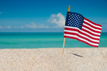 United States of America Flag. Beach and American Flag. Summer vacations. 4th of July Independence,...