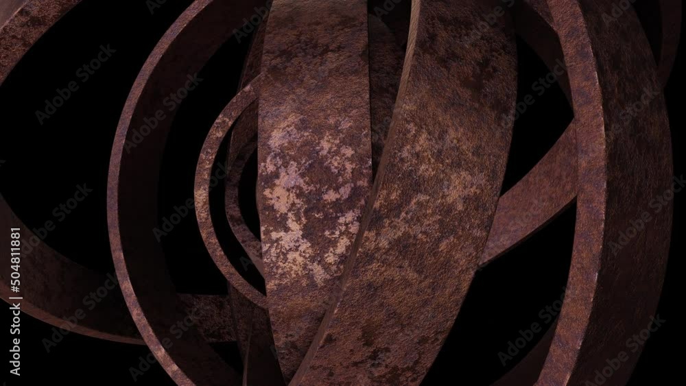 Poster abstract satisfying looping 3d animation of the aged corroded rusty metal rings rotating around the 