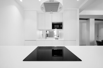 White minimalist design kitchen with integrated appliances in short-term rental apartment