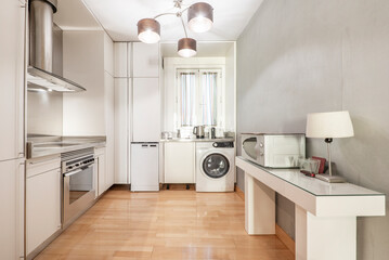 Luxury apartment kitchen with white cabinets, microwave and stainless steel appliances