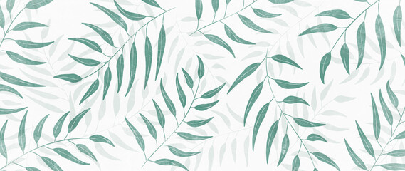Fototapeta na wymiar Abstract background with branches and leaves of plants in green and blue colors. Botanical pattern in watercolor style for wallpaper design, decor, print, textile