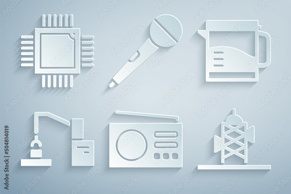 Poster set radio, electric kettle, robotic robot arm hand factory, antenna, microphone and processor with m