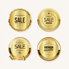 Collection of golden badges and labels retro super sale style - 504814097