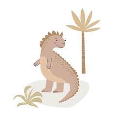 Cartoon cute dinosaur with palm vector illustrations . Prehistoric lizard isolated on white background. Hand drawn characters reptiles postcard
