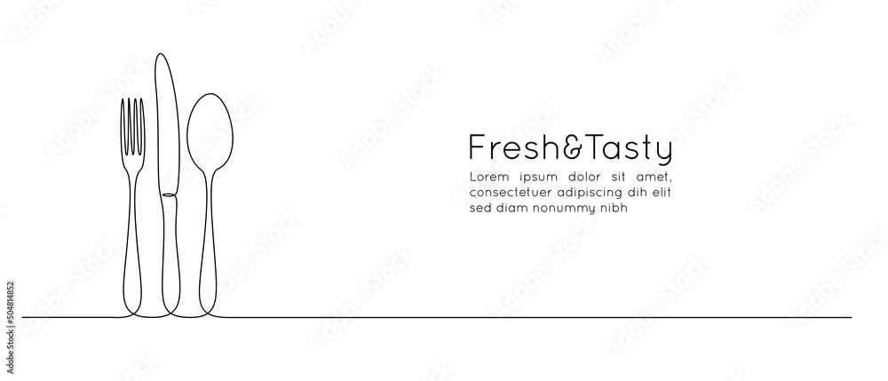 Poster One continuous line drawing of food tools. Spoon Fork and Knife for decoration restoran menu in simple linear style. Hand drawn sign or logo cafe. Editable stroke. Doodle vector illustration
