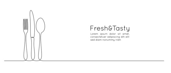 One continuous line drawing of food tools. Spoon Fork and Knife for decoration restoran menu in simple linear style. Hand drawn sign or logo cafe. Editable stroke. Doodle vector illustration