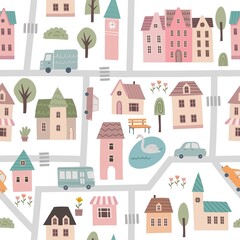 Seamless pattern with small cute town map. Houses, trees, animals, cars, roads vector illustration. Cartoon buildings collection. Hand draw style. City elements on white background. Flat design.