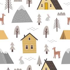 Seamless pattern with cute forest house and camping. Modern apartments for rest on nature, mountain lodge at national park area. Hand drawn doodle scandinavian style. Vector illustration