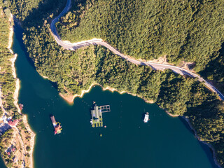 Aerial view of The Vacha (Antonivanovtsi) Reservoir, Rhodope Mountains, Plovdiv Region, Bulgaria