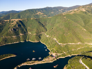 Aerial view of The Vacha (Antonivanovtsi) Reservoir, Rhodope Mountains, Plovdiv Region, Bulgaria