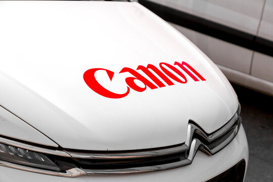 Canon brand logo on the service car of the company in Geneva, Switzerland