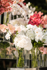 Orchids in glass vases at the wedding ceremony, close up