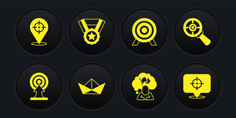 Set Target with arrow, magnifying glass, Folded paper boat, Man holding flag, Medal, and icon. Vector