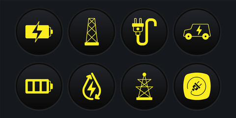 Set Battery, Electric car, Water energy, tower, plug, Antenna, and icon. Vector