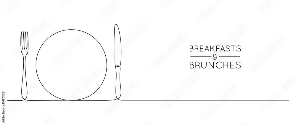 Poster One continuous line drawing of food tools. Plate Fork and Knife for decoration restoran menu in simple linear style. Hand drawn sign or banner cafe. Editable stroke. Doodle vector illustration