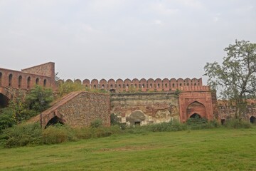 boundary wall  of unesco world heritage site,  red fort, old delhi, india 