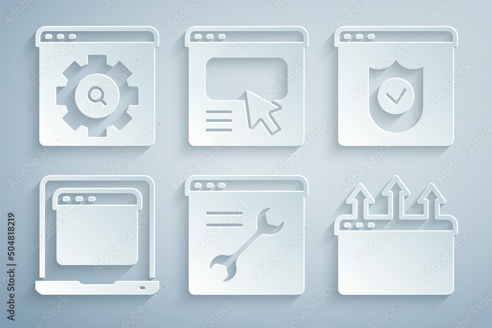 Poster set browser setting, with shield, laptop browser window, ui or ux design and icon. vector