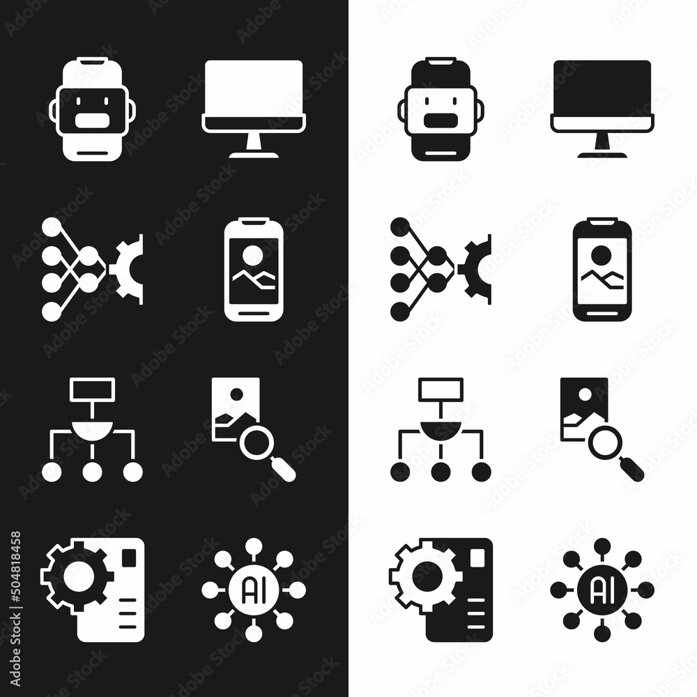 Poster set mobile phone, neural network, chat bot, computer monitor, algorithm, photo retouching, and icon.