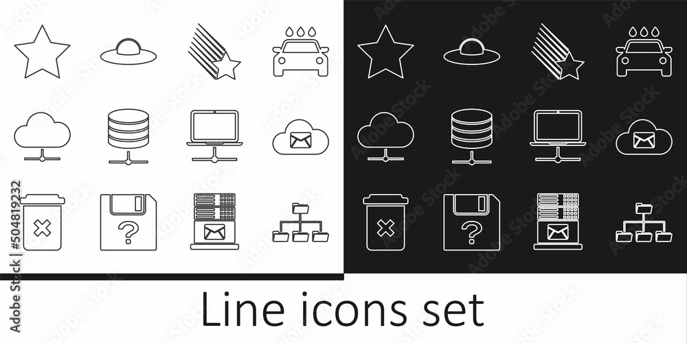 Poster set line folder tree, cloud mail server, falling star, server, data, web hosting, network cloud conn