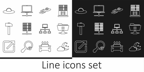 Set line Cloud with moon and stars, FTP cancel operation, UFO flying spaceship alien, Server, Data, Web Hosting, Hammer, Computer network and icon. Vector