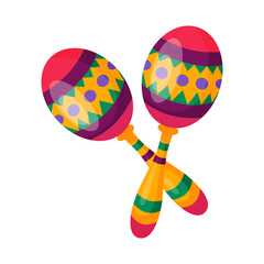 Traditional Latin maracas. Folk Mexican rattle music instrument with bright striped balls and wooden handles.