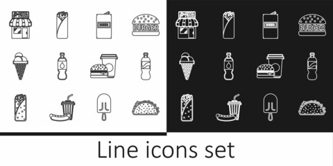 Set line Taco with tortilla, Bottle of water, Beer can, Ice cream in waffle cone, Pizzeria building facade, Coffee and burger and Burrito icon. Vector
