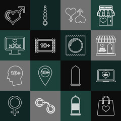 Set line Shopping bag with heart, Laptop 18 plus content, Sex shop building, Male and female, Play Video, Monitor, gender and Condom package icon. Vector