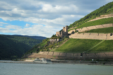 Fort Ehrenfels At The Rhine River Near Ruedesheim In Hesse Germany On A Beautiful Sunny Autumn Day...