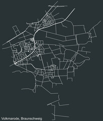 Detailed negative navigation white lines urban street roads map of the VOLKMARODE DISTRICT of the German regional capital city of Braunschweig, Germany on dark gray background