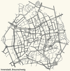 Detailed navigation black lines urban street roads map of the INNENSTADT DISTRICT of the German regional capital city of Braunschweig, Germany on vintage beige background
