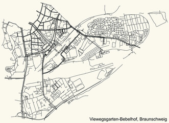 Fototapeta na wymiar Detailed navigation black lines urban street roads map of the VIEWEGSGARTEN-BEBELHOF DISTRICT of the German regional capital city of Braunschweig, Germany on vintage beige background