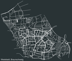 Detailed negative navigation white lines urban street roads map of the WESTSTADT DISTRICT of the German regional capital city of Braunschweig, Germany on dark gray background