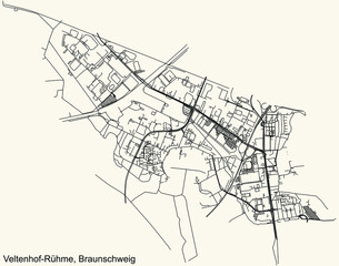 Detailed navigation black lines urban street roads map of the VELTENHOF-RÜHME DISTRICT of the German regional capital city of Braunschweig, Germany on vintage beige background