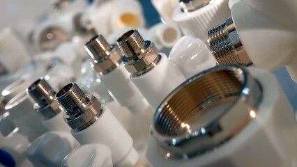 Samples of plumbing accessories for a reliable connection in the heating and water supply system. Closeup