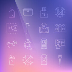 Set line Disposable plastic fork, Stop pollution, Trash in garbage cans sorted, Shopping with recycle, Drinking straw, ocean, Bottle of liquid soap and Earth globe and book icon. Vector