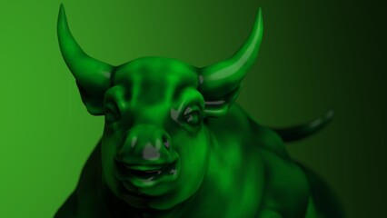 Green painted bull sculpture. Sculpted casting depicting a bull in dramatic contrasting light representing financial market trends under black-green background. 3D illustration.