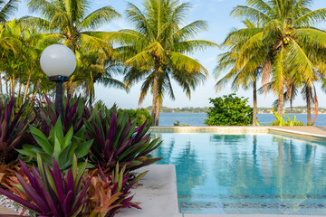 Hospedagem a beira mar com piscina e coqueiros num país tropical