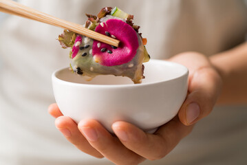 Fresh spring roll with flower and vegetable, Vegan food