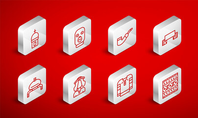 Set line Ukrainian ethnic pattern, Thief mask, Smoking pipe, Embroidered towel, shirt, Church tower, woman and Bread and salt icon. Vector