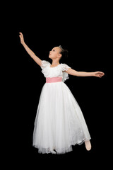 Fototapeta na wymiar Girl ballet dancer in white long dress theatrical dancing on black background. Full length, studio shot. Part of photo series