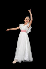 Fototapeta na wymiar Girl ballet dancer in white long dress expression dancing on black background. Full length, studio shot. Part of photo series