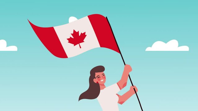 canadian girl with flag celebration animation