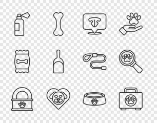 Set line Canned food, Pet first aid kit, Cat nose, Heart with dog, shampoo, Dustpan, bowl and Veterinary clinic icon. Vector