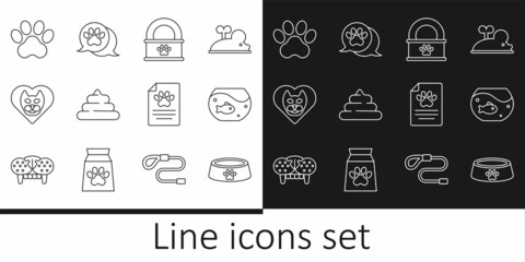 Set line Pet food bowl, Aquarium with fish, Canned, Shit, Heart cat, Paw print, Clinical record pet and icon. Vector