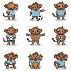 Vector illustration of Monkey characters playing soccer. Cute Monkey mascot playing football. Vector illustration bundle.