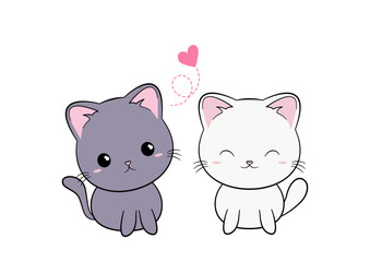 Zakochany kotek. Zabawna ilustracja dwóch kotów. Kot w stylu kawaii. Ilustracja wektorowa na białym tle. - obrazy, fototapety, plakaty