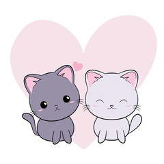 Zakochany kotek. Zabawna ilustracja dwóch kotów. Kot w stylu kawaii. Ilustracja wektorowa na białym tle. - obrazy, fototapety, plakaty