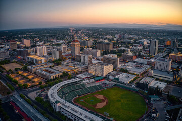 Aerial View of the Fresno, California Skyline at Dusk - 504826256